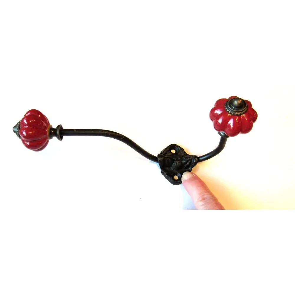 Metal hangers 3 wall hooks beautiful design green red melon ceramic knob 6-3/4in